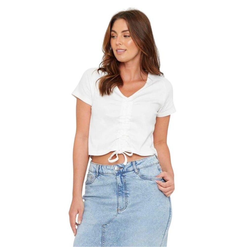 Be You Womens/Ladies Ruched Ribbed Crop Top / Cream